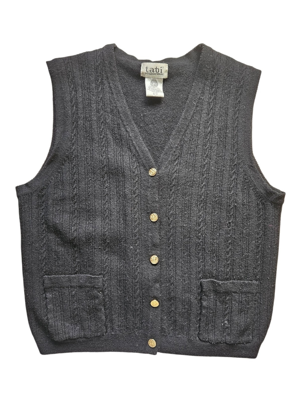 VTG Tabi International 100% Pure New Woolmark Cable Knit Vest Gold Crest Buttons